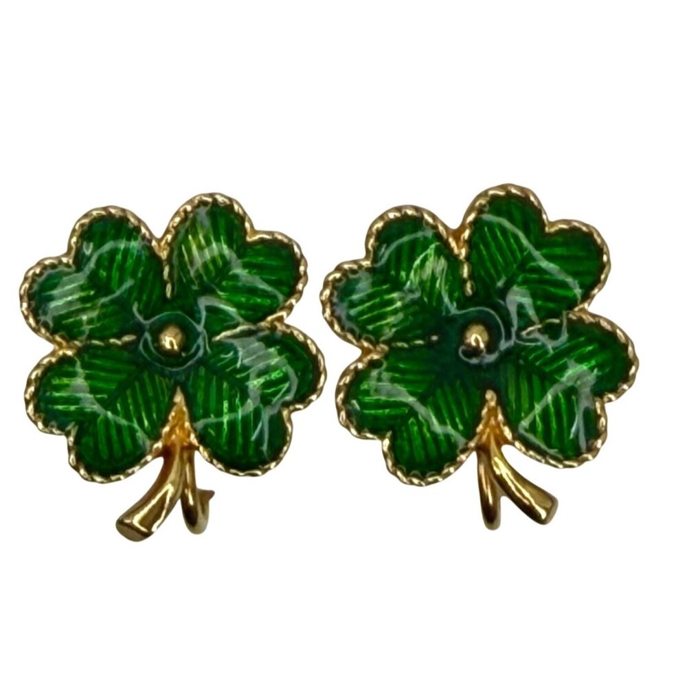 VTG AVON GREEN GOLD-TONE 4 LEAF CLOVER SHAMROCK IRISH LUCKY CHARM CLIP EARRINGS